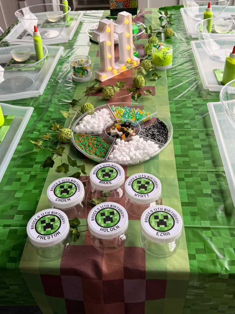 Minecraft-themed birthday party table setup