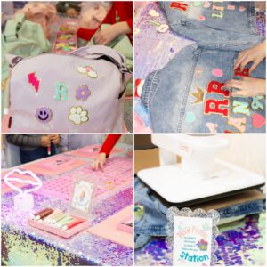 Craft station with decorated bags and jeans.