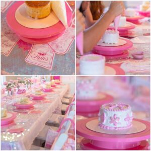 Decorating cakes at a pink-themed party.