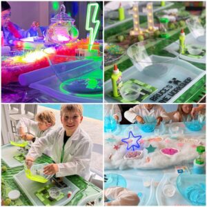 Children enjoying a colorful science-themed party.