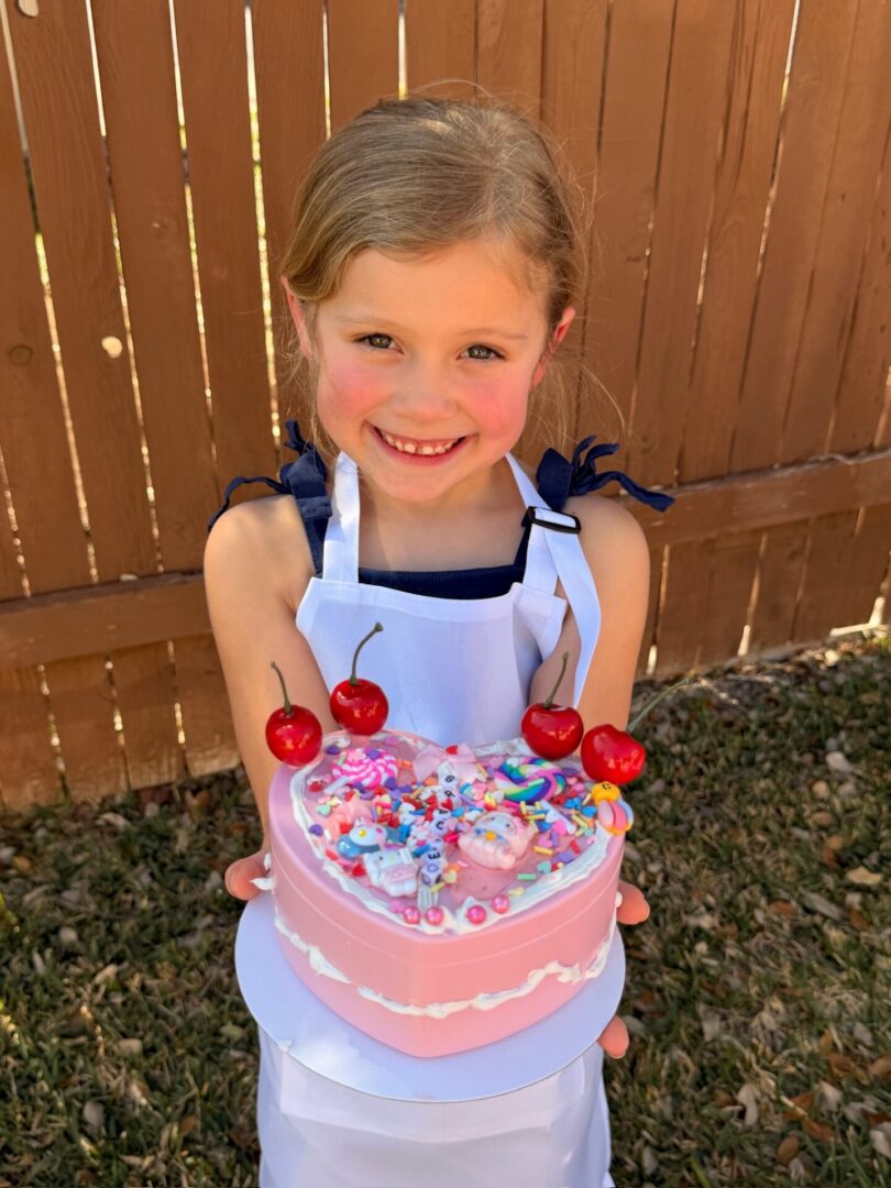 Girl holding pink heart-shaped cake outside.