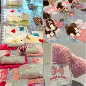 Stuffed animal workshop with crafts and bows.