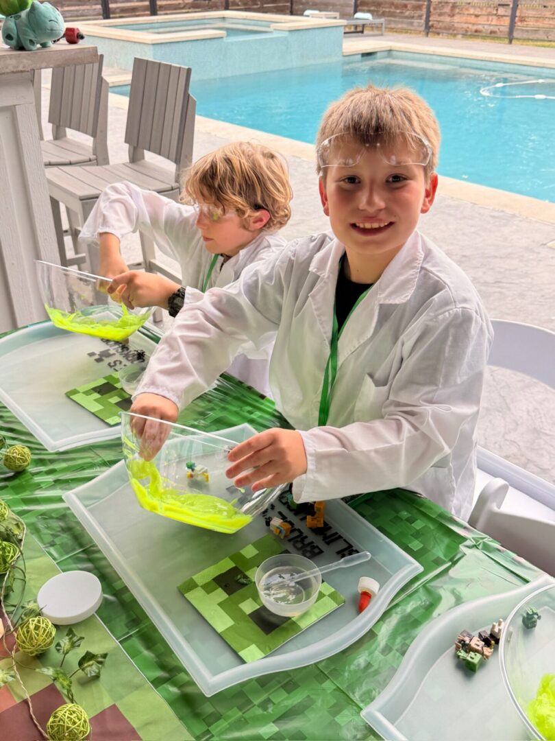 Kids doing science experiments by the pool.