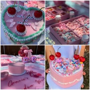 Heart-shaped cakes and pink decorations displayed.