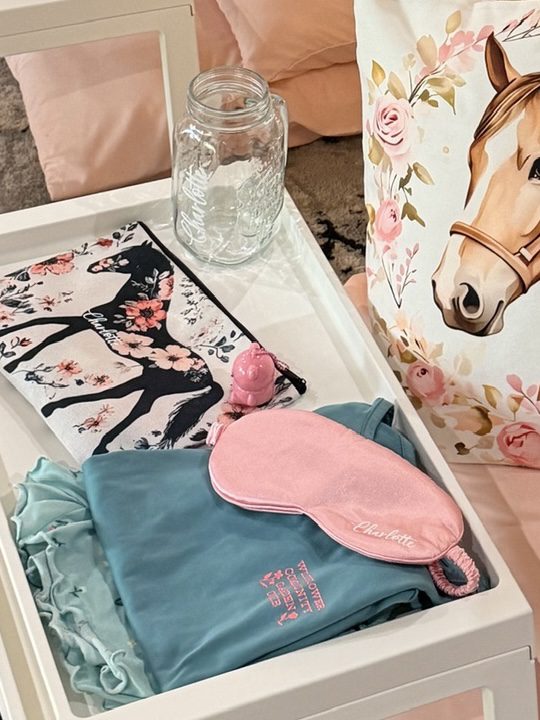 Sleepover essentials with eye mask and pajamas.