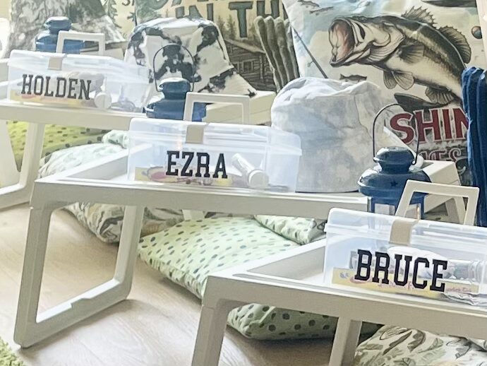 Personalized kids' gifts with fishing-themed decor.